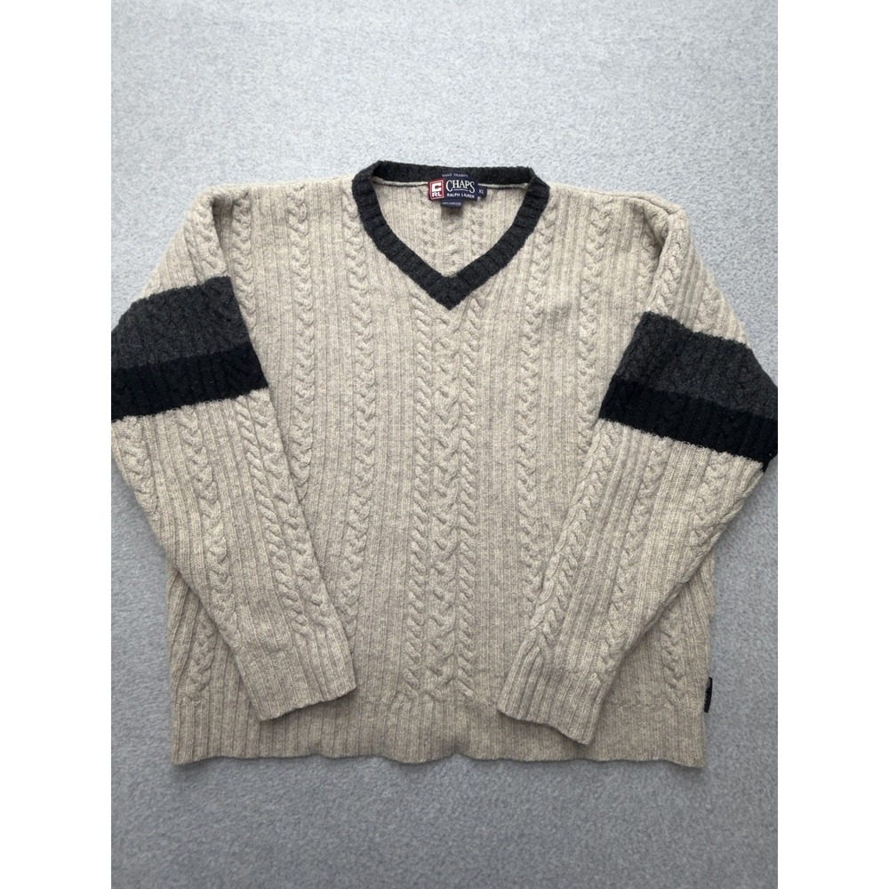 Chaps Ralph Lauren Sweater Mens XL Beige Lambswool V Neck Cable Knit Striped